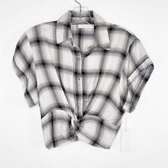 Olivaceous Tops - Olivaceous Cropped Plaid Twist Tie Button Top Black White Medium